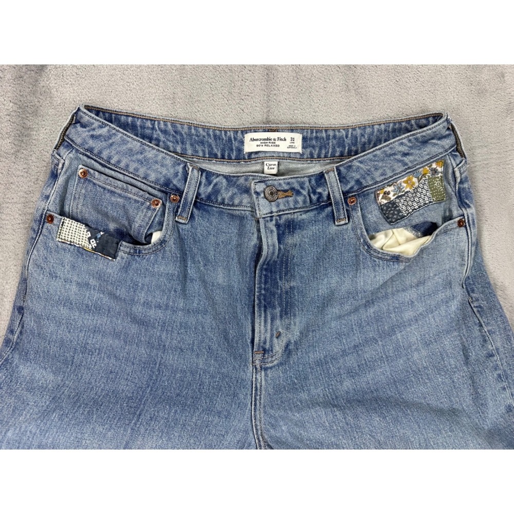 Abercrombie & Fitch Curve Love High Rise 90s Relaxed Patchwork Jeans Blue 31 - Picture 5 of 11